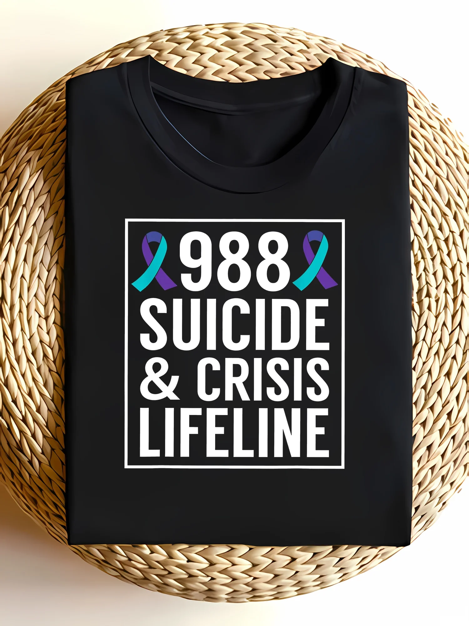Casual 988 Suicide & Crisis Lifeline Graphic Tee with Teal-Purple Awareness Ribbon for Mental Health Advocacy