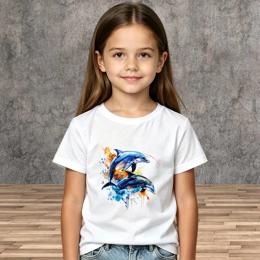 Boys Girls Ocean Animal T-Shirt Summer New Short Sleeve Artistic Dolphins Jumping Print Kids Tops