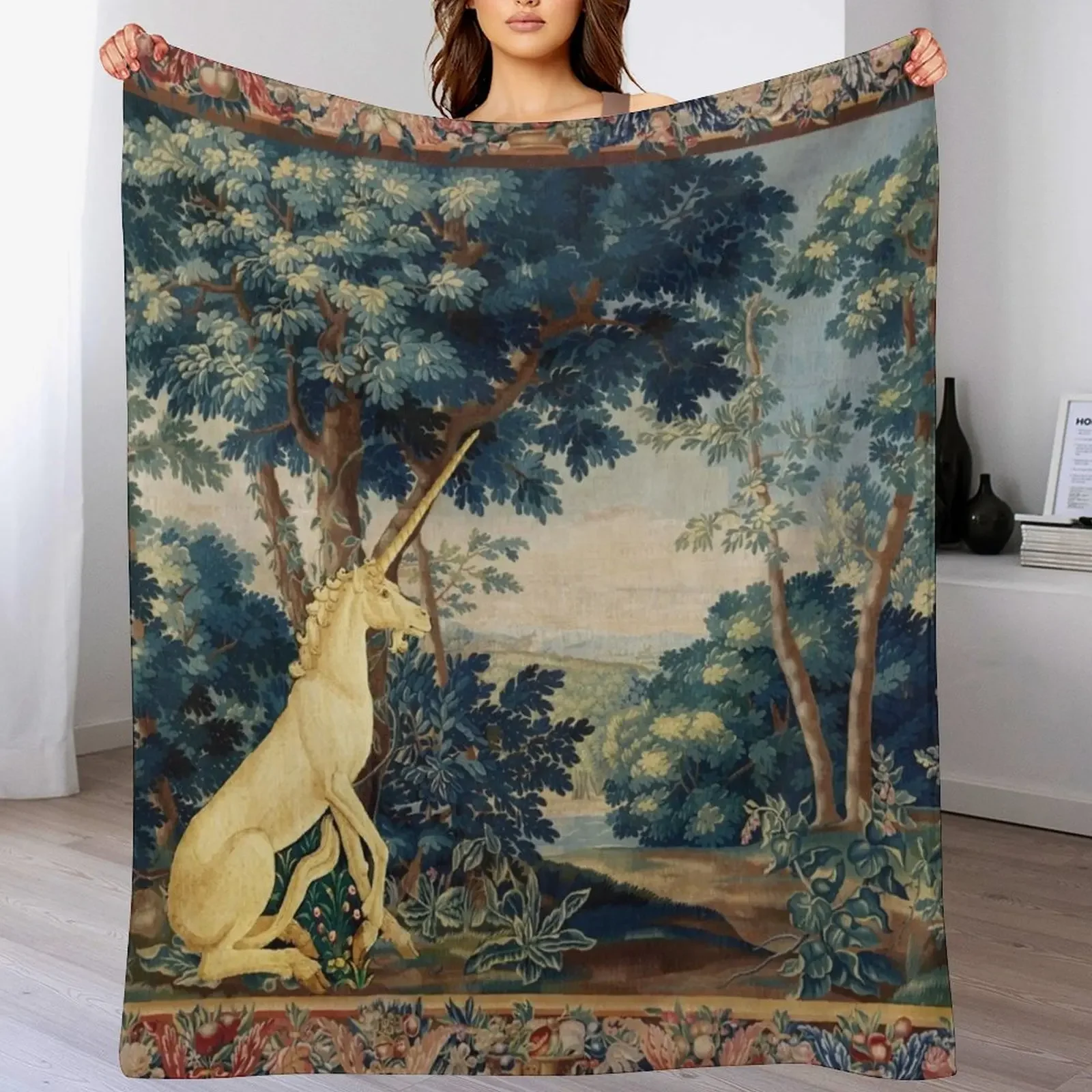 

UNICORN IN WOODLAND LANDSCAPE AMONG GREENERY AND TREES Throw Blanket Large Decorative Beds Blankets