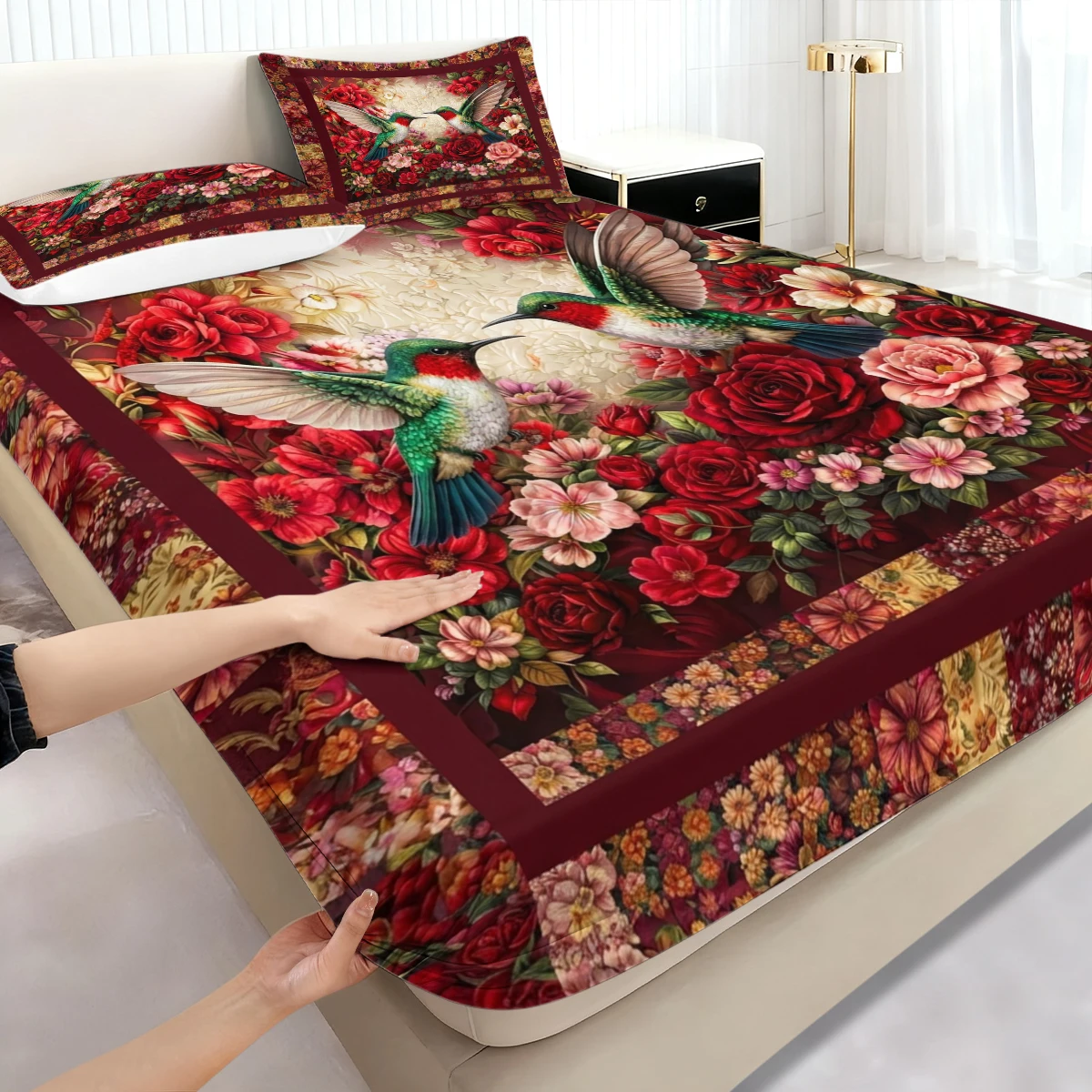3PCS Vintage Red Rose Hummingbird Fitted Sheet Set, Elastic Mattress Cover with Pillowcases, Floral Bedding for Bedroom Decor