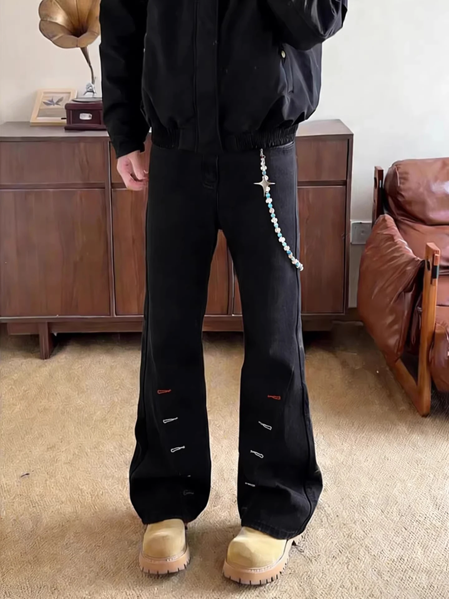 Cleanfit Bla Embroidered Jeans Men's High Street Straight Leg Micro Flared Slimming Pants Casual Wear Teenager Size