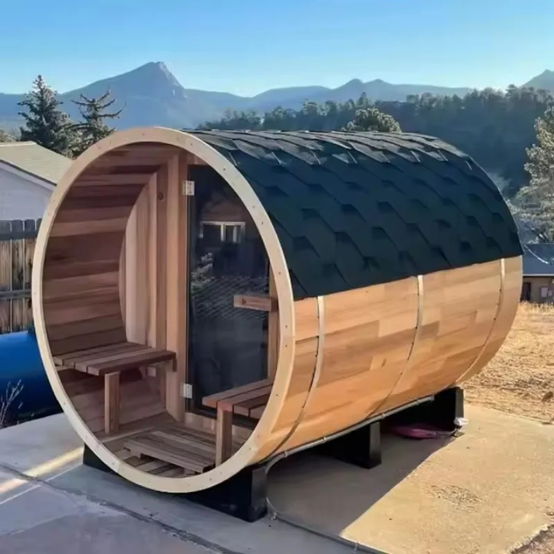 Bropool Smart Outdoor Barrel Sauna Red Cedar Thermo Wood 6 Person Traditional Steam With Panoramic Window And Stove