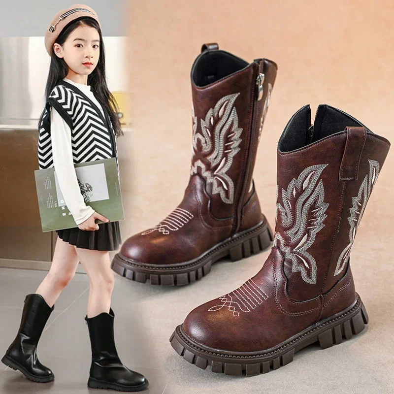 Girls' Mid-calf Boots Western Cowboy Knight Boots for Kids Round Head Embroidered 2024 New Versatile Fashion Boots with Side Zip