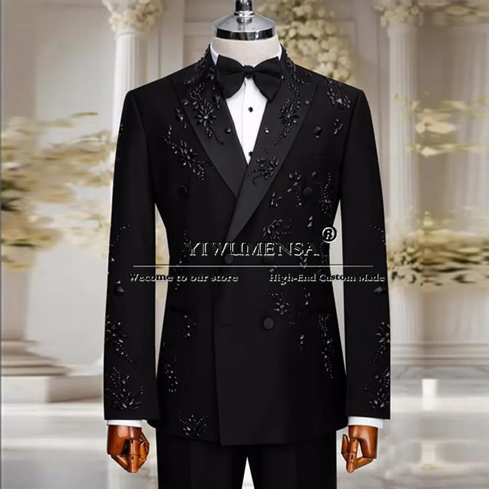 

Black Diamond Beaded Suit Men Slim Fit 2-Piece Man Formal Business Party Prom Blazer Customized Groom Wedding Tuxedo Male Dress