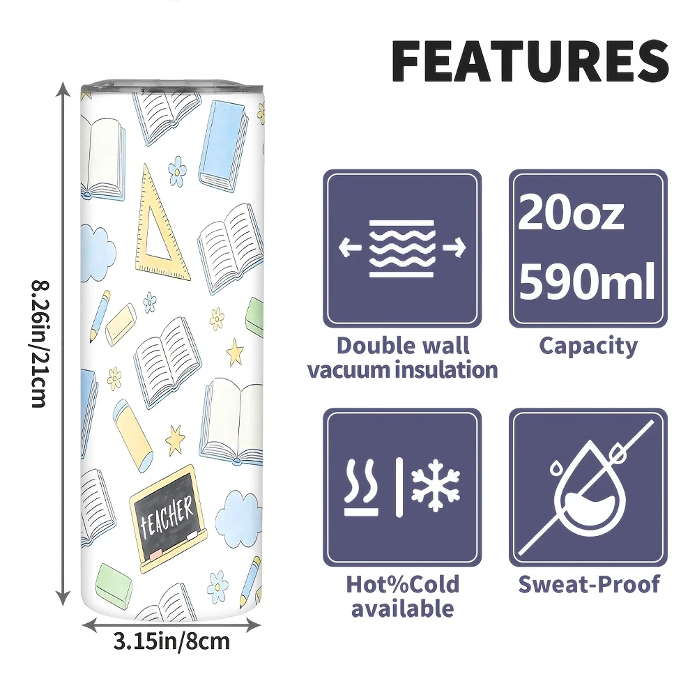 1pc 20Oz/590Ml/Double Wall Stainless Steel Insulated Skinny Tumbler with Straw And Lid, Outdoor Travel Coffee Mug, Back to School Gifts with Teacher-Themed Design, Perfect for Birthday Celebrations And Holiday Parties, Thanksgiving Gifts