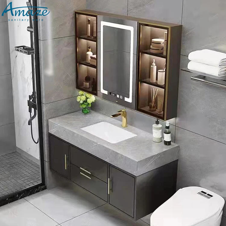 Mueble de baño con espejo inteligente, mueble con diseño de madera contrachapada, estilo moderno, para Hotel y hogar