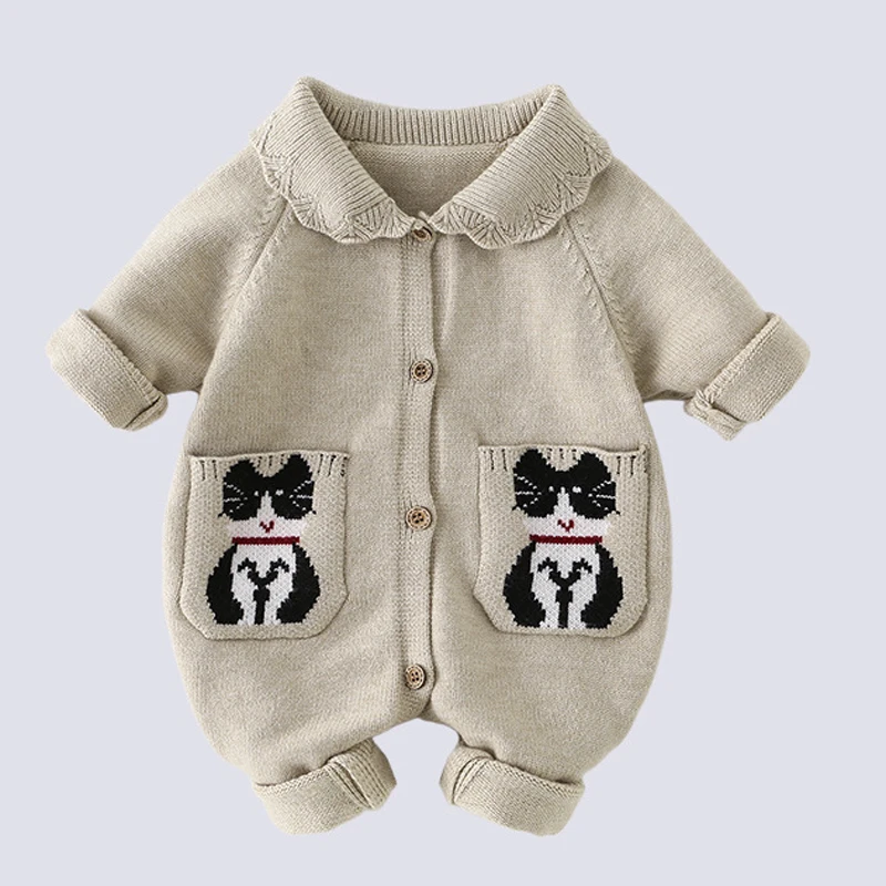 IYEAL Baby Knit Romper, Peter Pan Collar Cartoon Pocket Long Sleeve Button Down Infant Jumpsuit, Newborn Spring One Piece Outfit