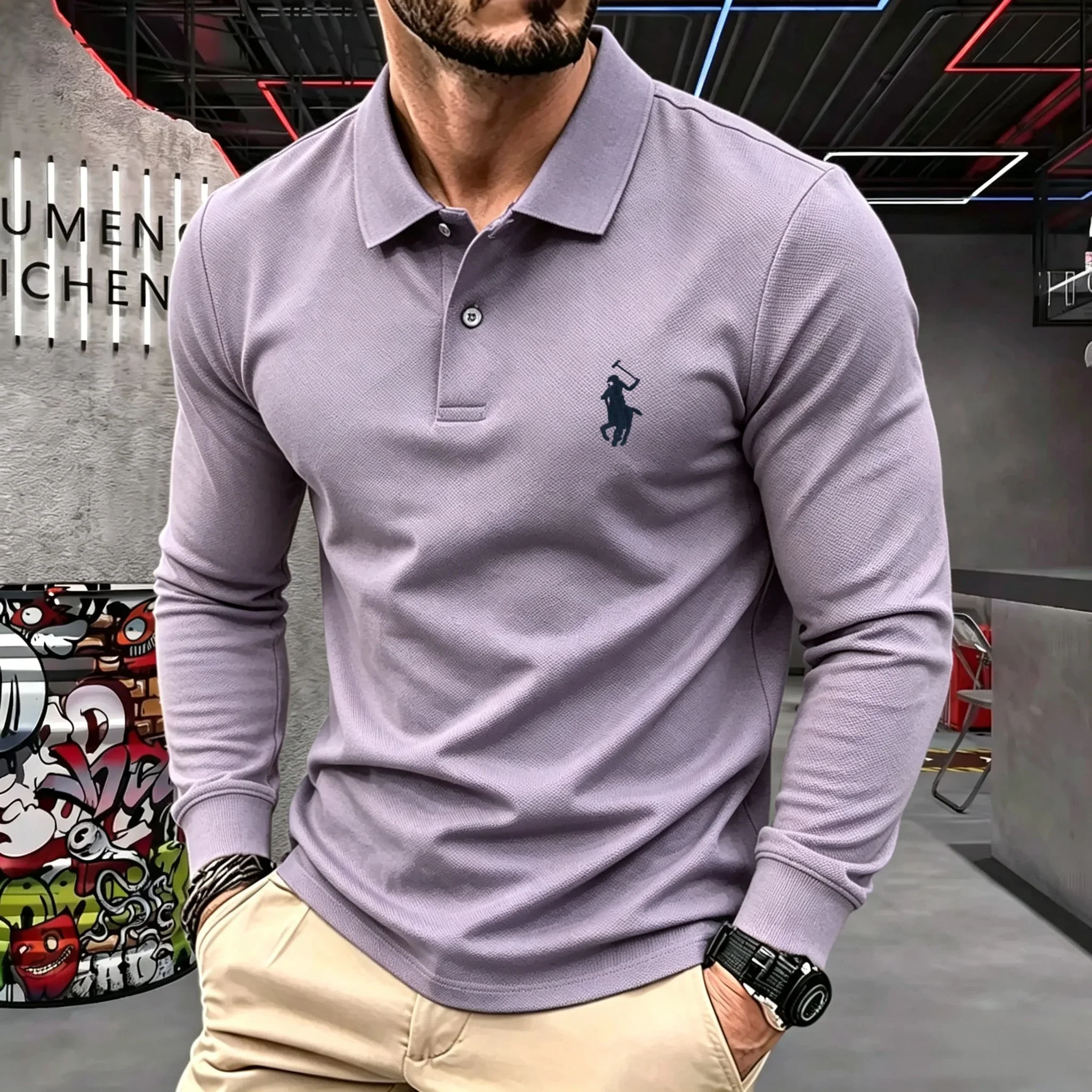 100% reine Baumwolle, hochwertiges Marken-Herren-Langarm-Poloshirt, Herbst-Winter, modisch, luxuriös, bestickt, Golf-Oberteil, lässiges T-Shirt – Detail 15