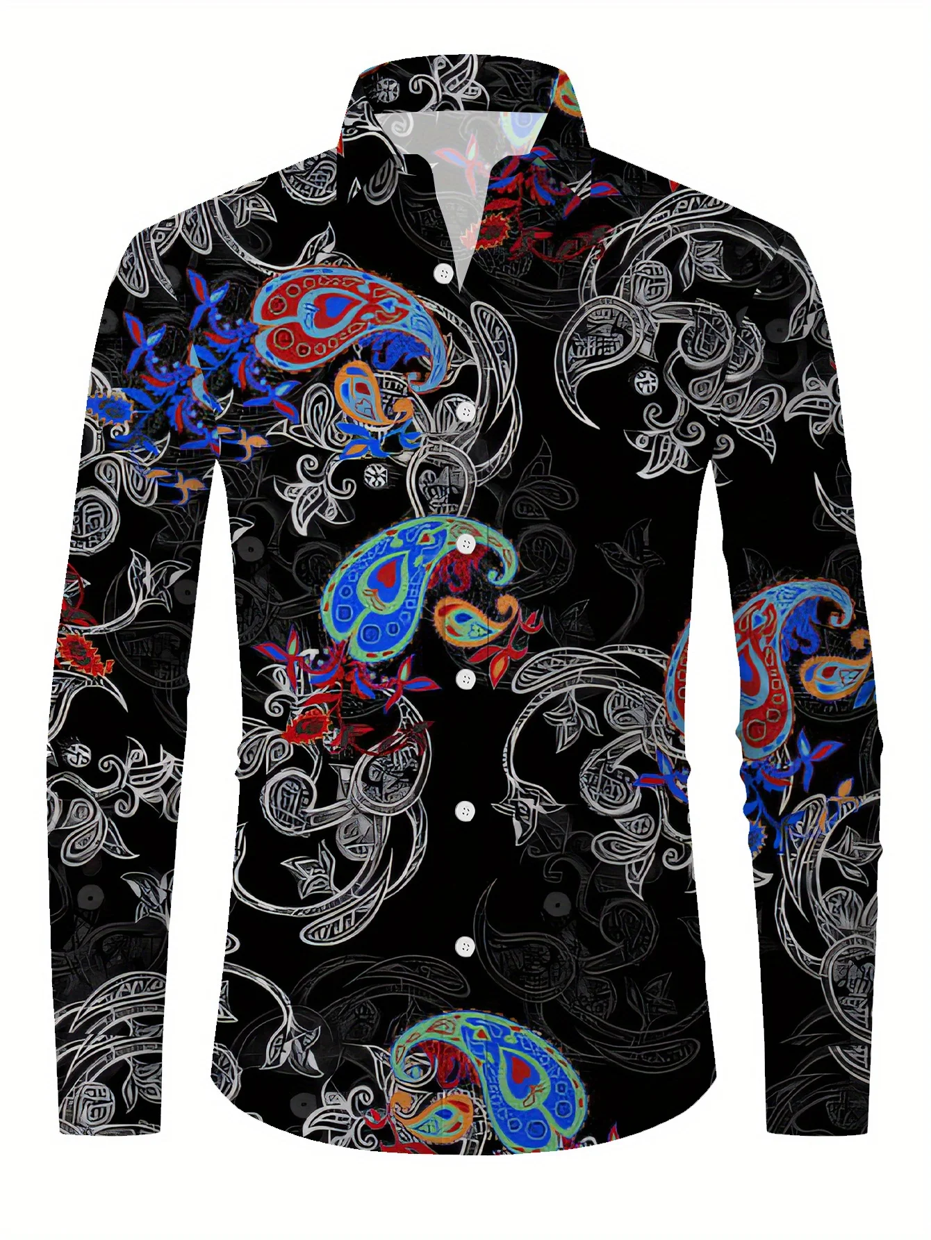 Men's Geometric Print Long Sleeve Shirt - Stretch Polyester/Elastane Blend, Regular Fit Button-Up with Contrast Color Accents