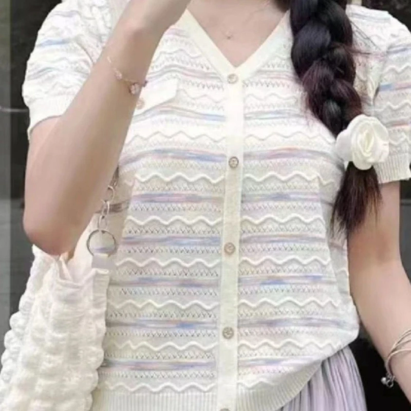 

French Small Fragrant Style Striped Ice Silk Knitted Short-sleeved T-shirt for Women's New Summer Thin Unique Top