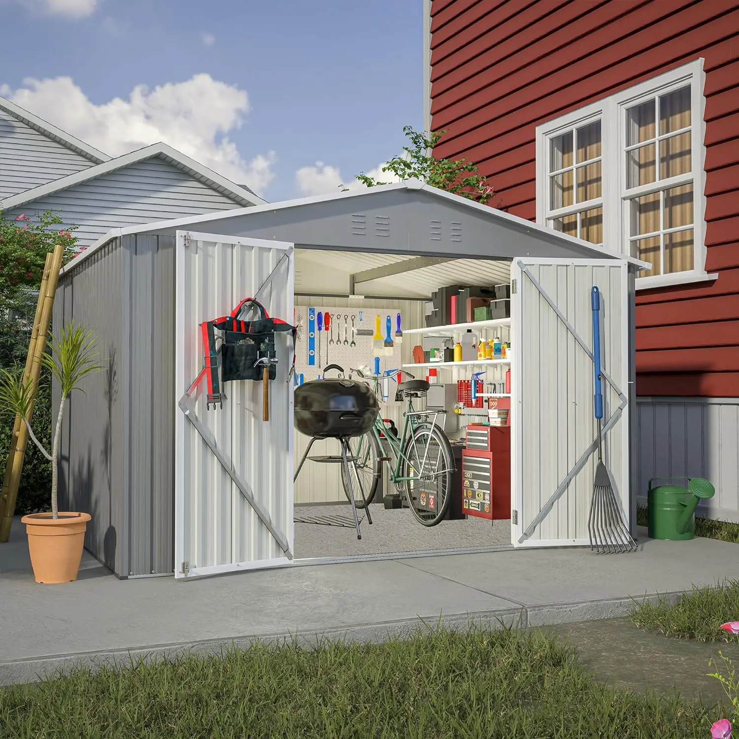 10x8 FT Sheds & Outdoor Storage Outdoor Storage Shed Large Metal Tool Sheds with Updated Frame Structure and Lockable Doors