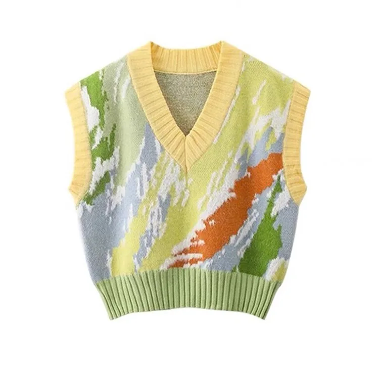 Retro Dyeing Knitted Vest Women's Spring and Autumn V-neck Sweater Small Tank Top  sweater women  LOOSE FIT