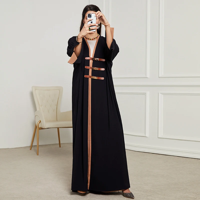 New Elegant Leather Buckle Abaya Muslim Dress Full length Dubai Female Split Sleeve Soft Islamic Dress Islam Robe Dropshiping