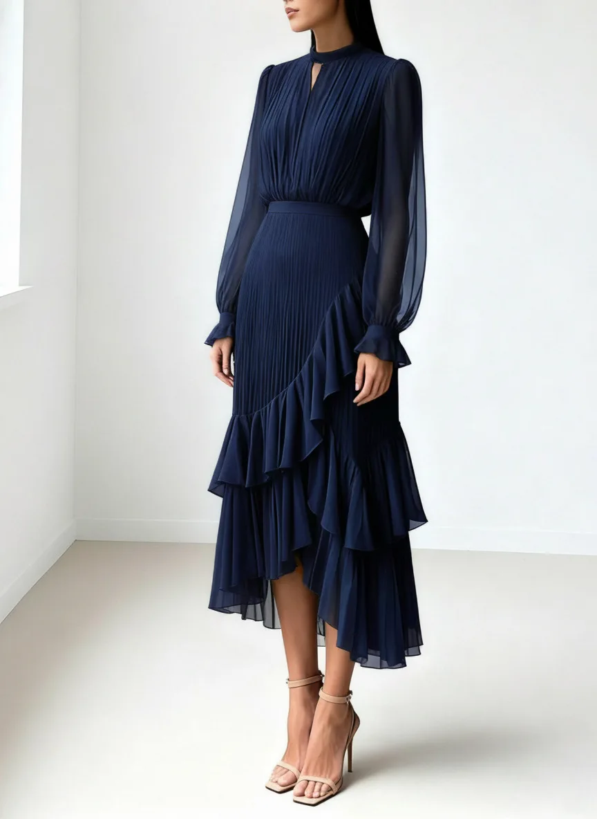 LGRQ 2026 Summer New Solid Color High Waist Dress With Ruffled Hem And Pleats Mid-Length Party Evening Gown