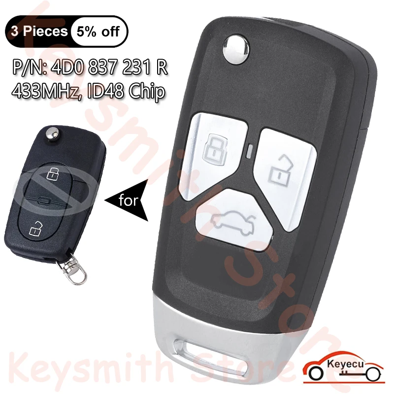 

KEYECU 3 Buttons 433MHz ID48 Chip for Audi A2 A3 A4 A6 A8 TT RS4 Auto Upgraded Flip Remote Key Fob P/N: 4D0 837 231 R 4D0837231R