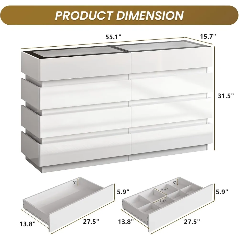 8 Drawer Dresser for Bedroom, White Dresser with Glass Top and LED Light, High Gloss Dresser Chest of Drawers,Dressers Organizer