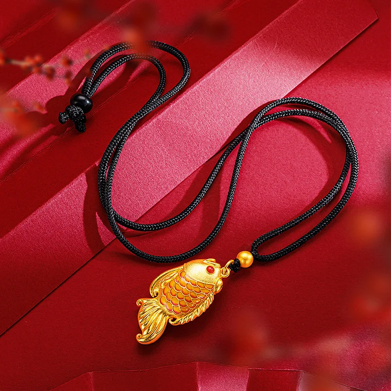 New Chinese style ancient enamel color 9999 24K real gold lucky koi pendant gold wealth surplus goldfish woven necklace