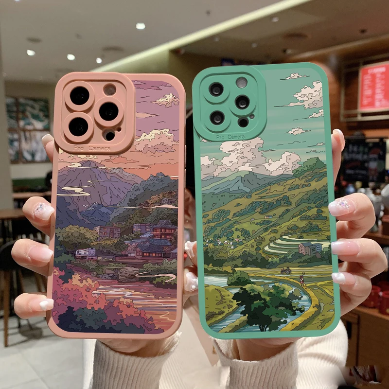 Japanese Anime Hand Painted scenery Phone Case For iPhone 14 13 12 11 Pro Max Anime Scene For iPhone 7 8Plus SE X XR XS Cover