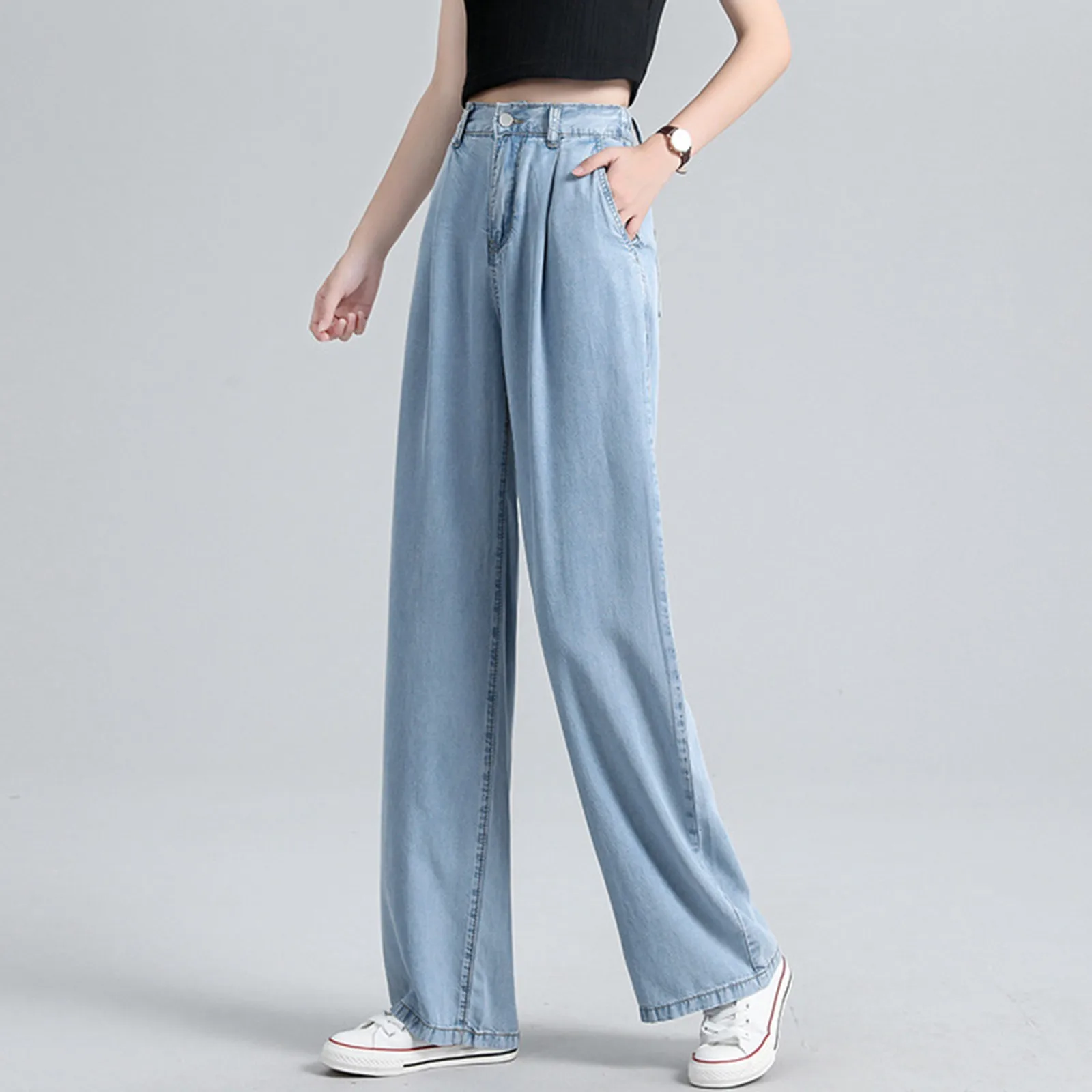 Women's Denim Wide Leg Pants Elastic High Waist Thin Drape New Loose Straight Leg Pants Solid Color Casual Jeans Trousers