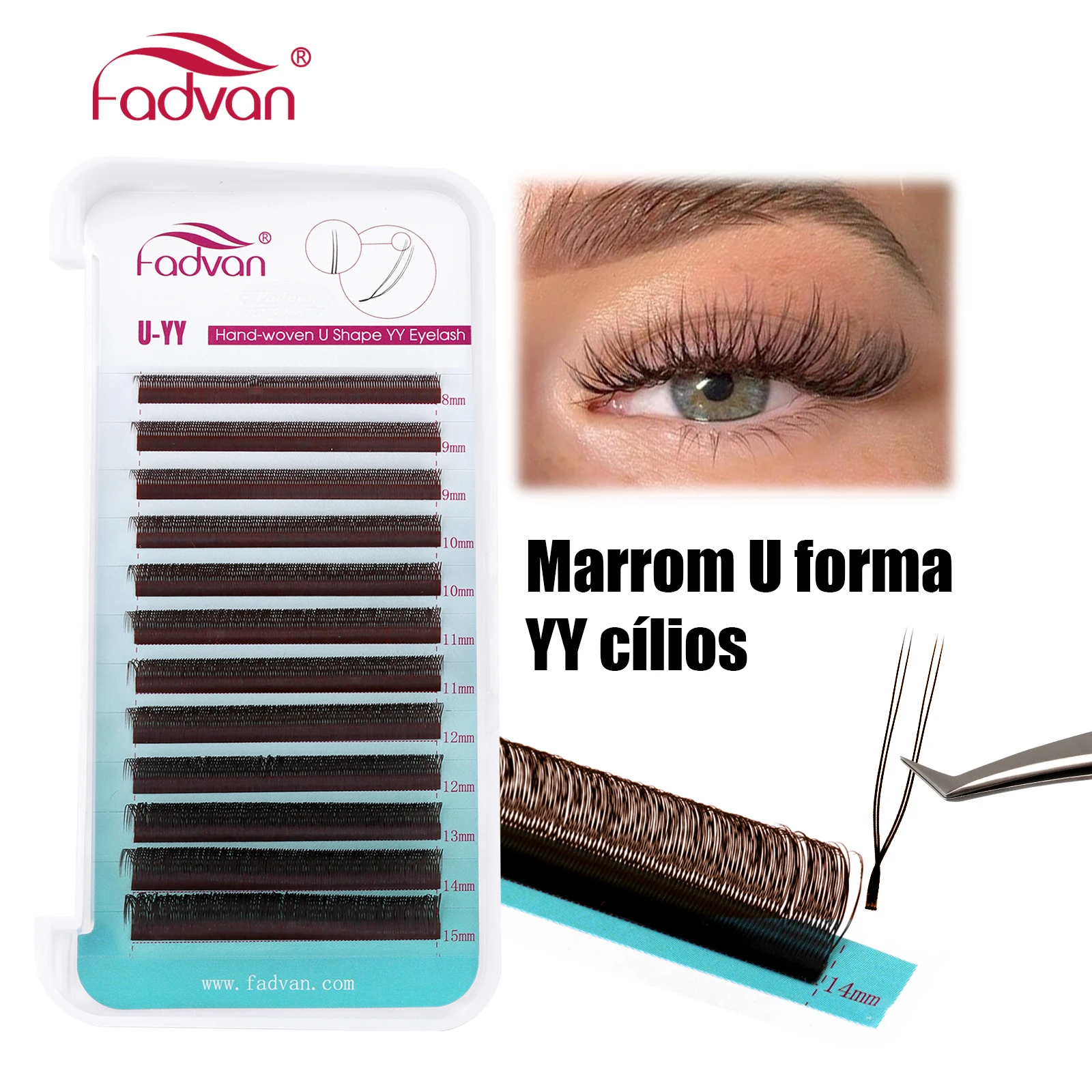 Cílios Postiços FADVAN U YY em Forma de Y, Castanho, D Curl, Feitos à Mão, Cílios Brasileiros Naturais Pré-Fabricados