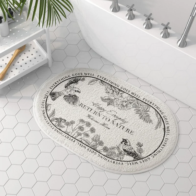 VIKAMA French Vintage Oval Floor Mat Sketch Bird Flower Print Non Slip Absorbent Fluffy Rug Bathtub Side Decor