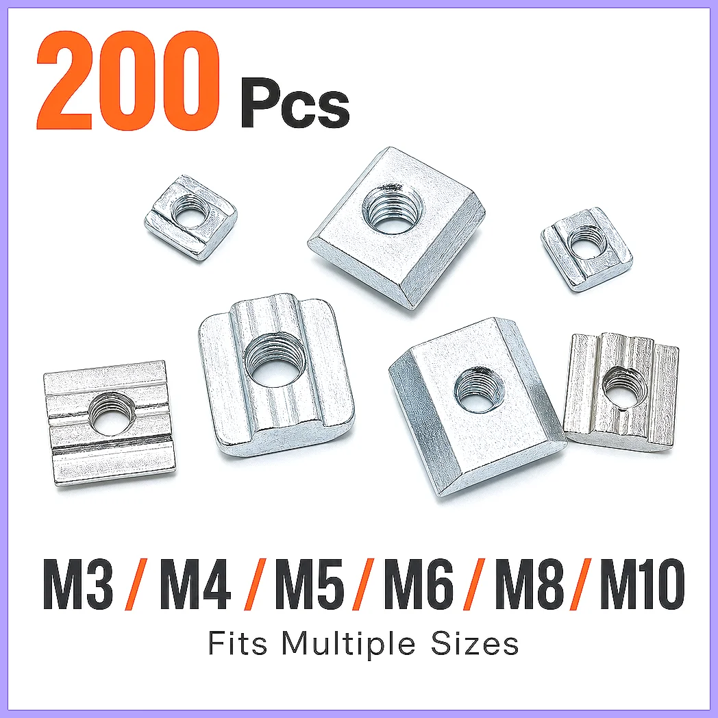 T-Slide Nuts M3 M4 M5 M6 M8 200pcs Set Sliding Hammer Nut for 2020 3030 4040 Aluminum Profile T-Block Square Connector Fasten