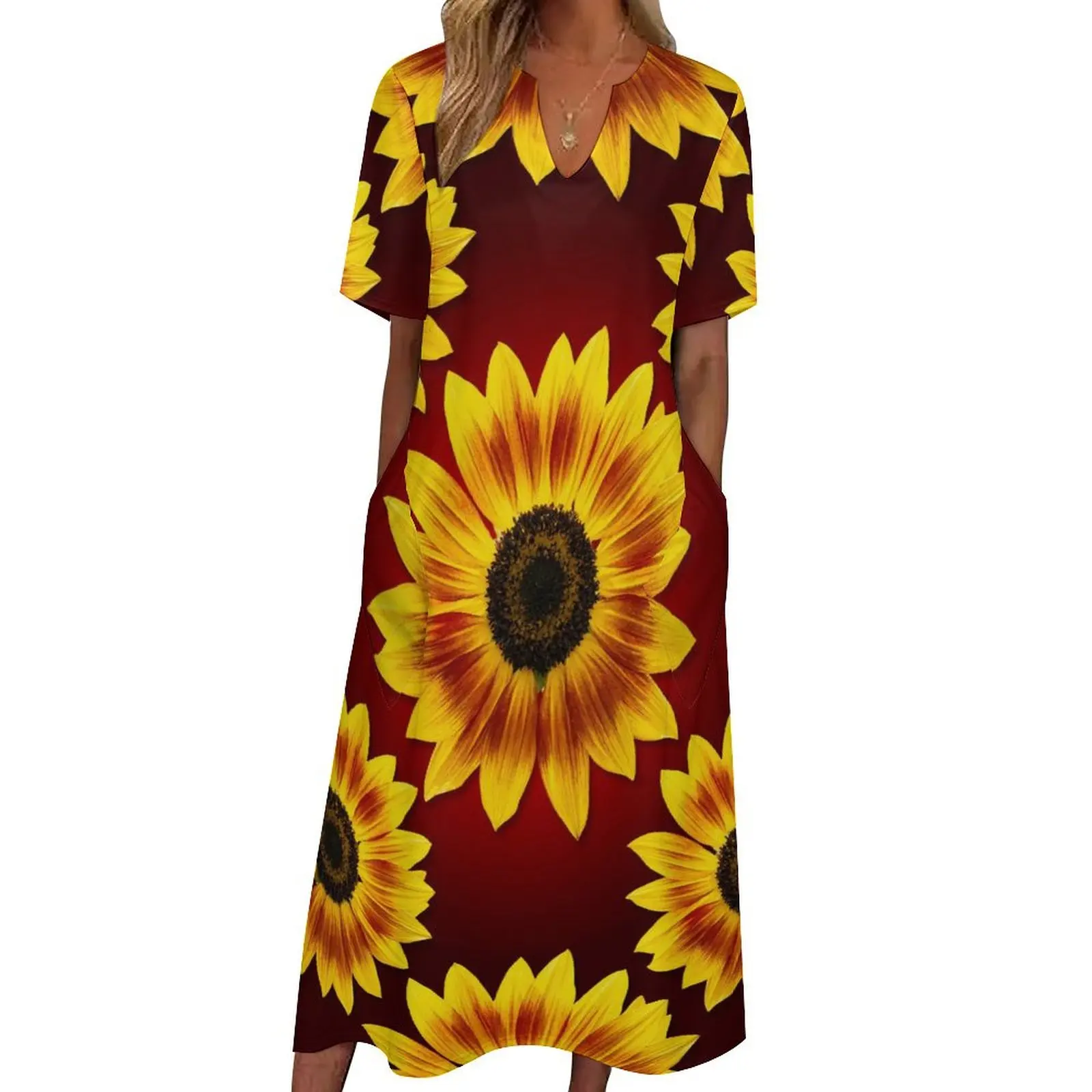 

Music Box Sunflower Dress Flower Print Vintage Maxi Dress Fashion Boho Beach Long Dresses Spring Short Sleeve Vestido Big Size