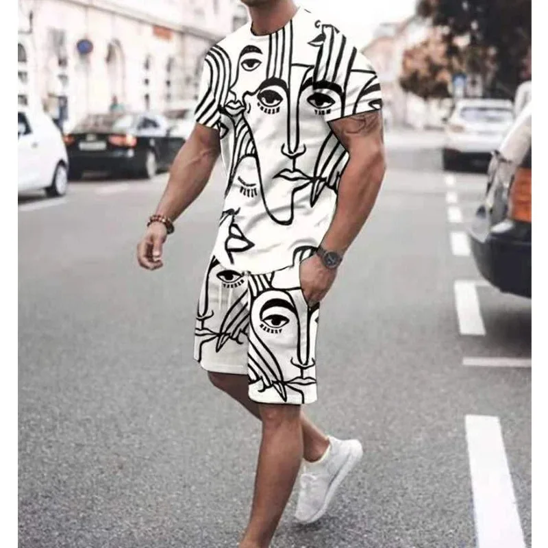 2025 New Fashion Men's Suit Harajuku Vintage Printed Short-Sleeved T-Shirt Shorts 2 Piece Clothes Casual Men Set Streetwear