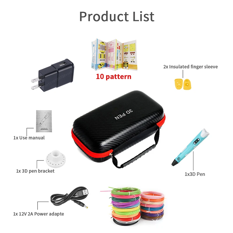 3D Pen 3d Printing Pen DIY Drawing Pens PLA Filament Birthday Christmas Gift For Kids Children with Power Adapter Travel Case