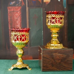 Orthodox Cross Vigil Lamp Gold Plated Church Home Table Candle Stick Glass Cup Religion Decor Лампада настольная со стаканчиком