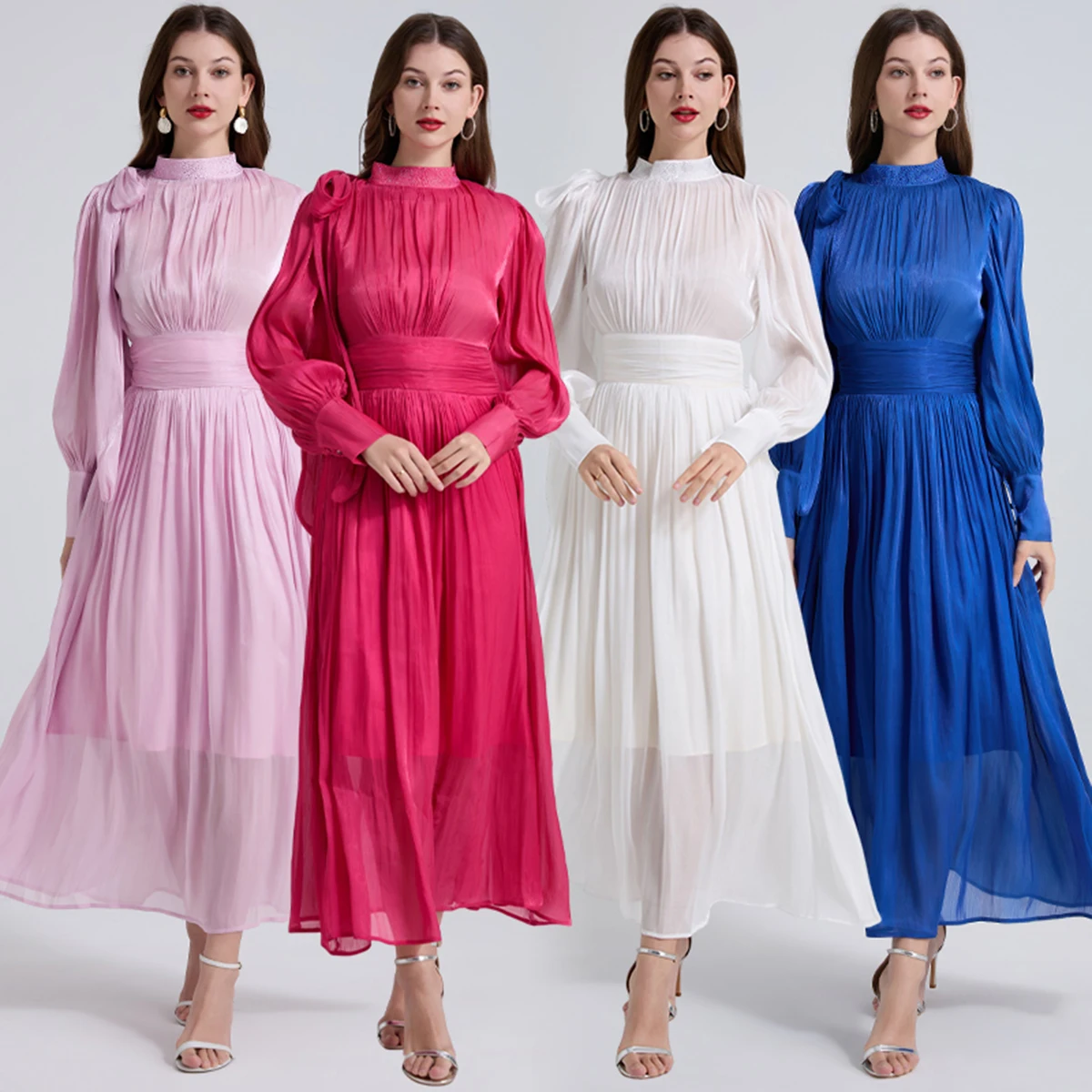 

2025 Romantic Glow Pleated Bow Tie Waist Dress Hot Diamond Stand Collar Swing Skirt Evening Dress