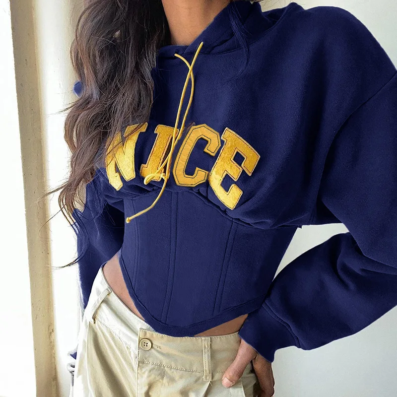 Fashion Letter Print Hoodie Women Casual Long Sleeve Hooded Back Bandage Sweatshirts Fishbone 2022 Fall Winter y2k Tops Cotton