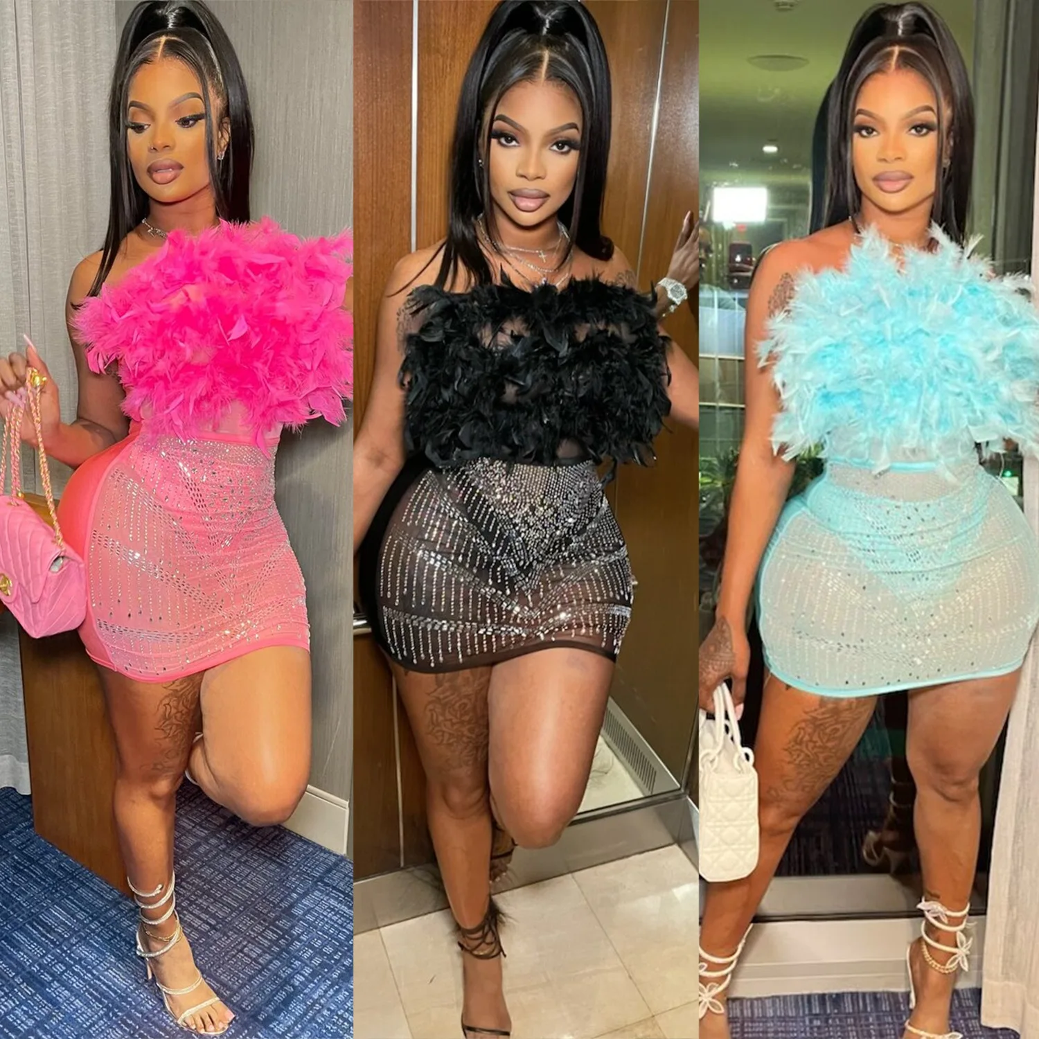 

sexy party mini dress women strapless off the shoulder pencil dress bodycon feather mesh hot diamond sequins backless vestidos