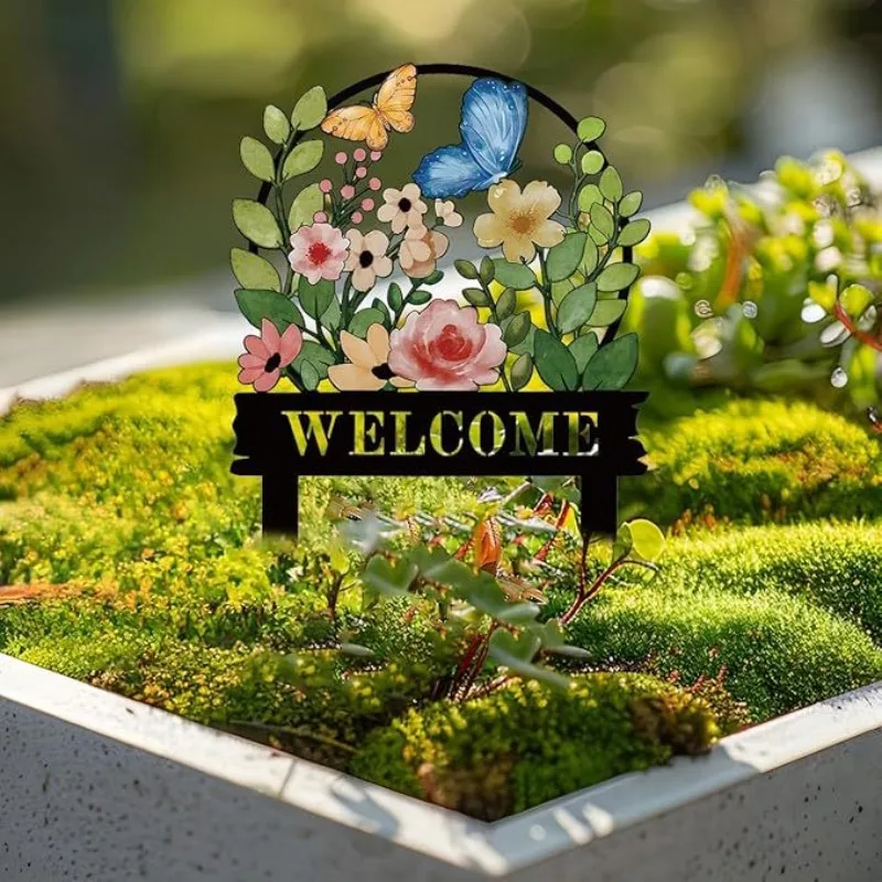 Decorative Garden Stakes with Butterfly and Flowers, Welcome Yard Sign, Metal Arrangement Ornaments for Courtyard Lawn