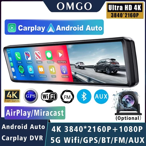 11,26 ""4K 2160P coche Dvr Carplay Android Auto Dash Cam GPS WIFI BT FM flujo espejo retrovisor Dashcam Dvrs cámara grabadora de unidad