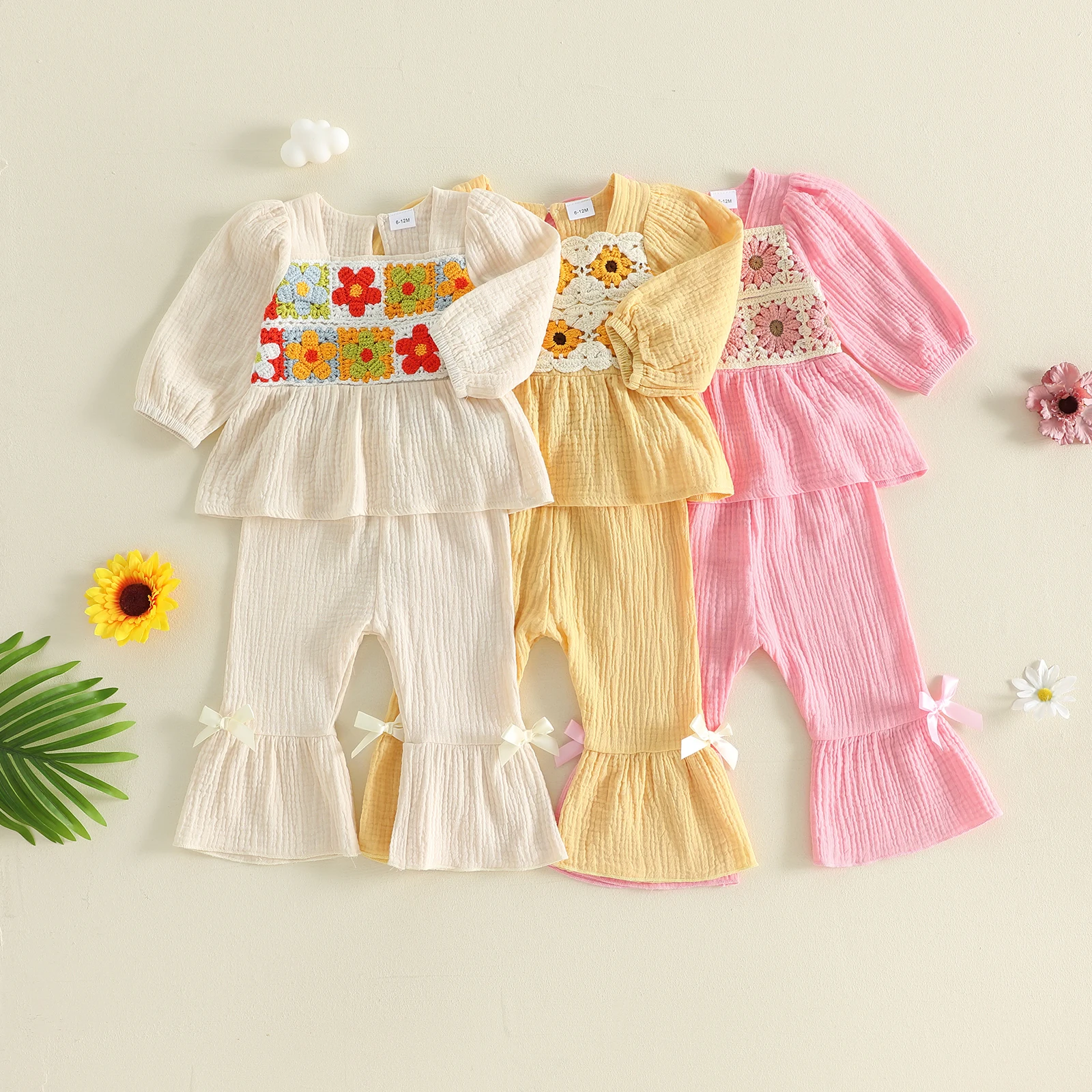 2026 New Toddler Girls Fall Outfits Crocheted Floral Embroidery Square Neck Shirt and Cute Bow Flare Pants Set 2 Piece Clothes