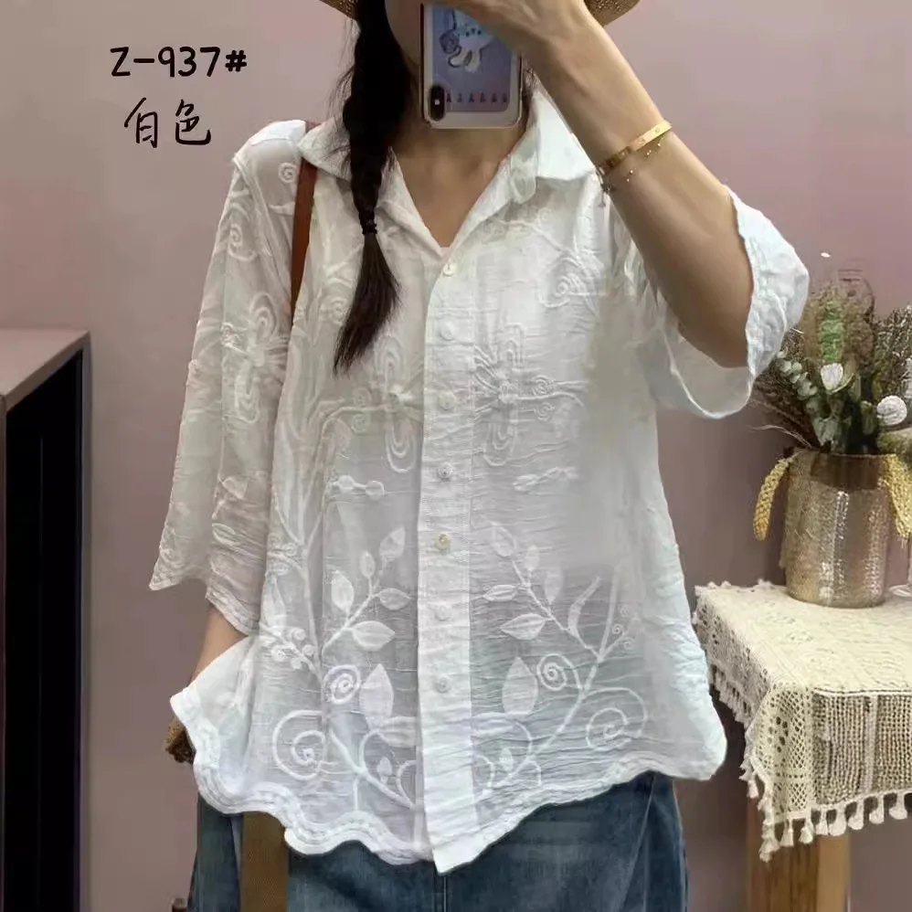 New Summer Cotton Half Sleeve Shirt Turn-down Collar Embroidery Tops Girl Casual Loose Fashion OL Blouse 2024 Autumn T47136QM