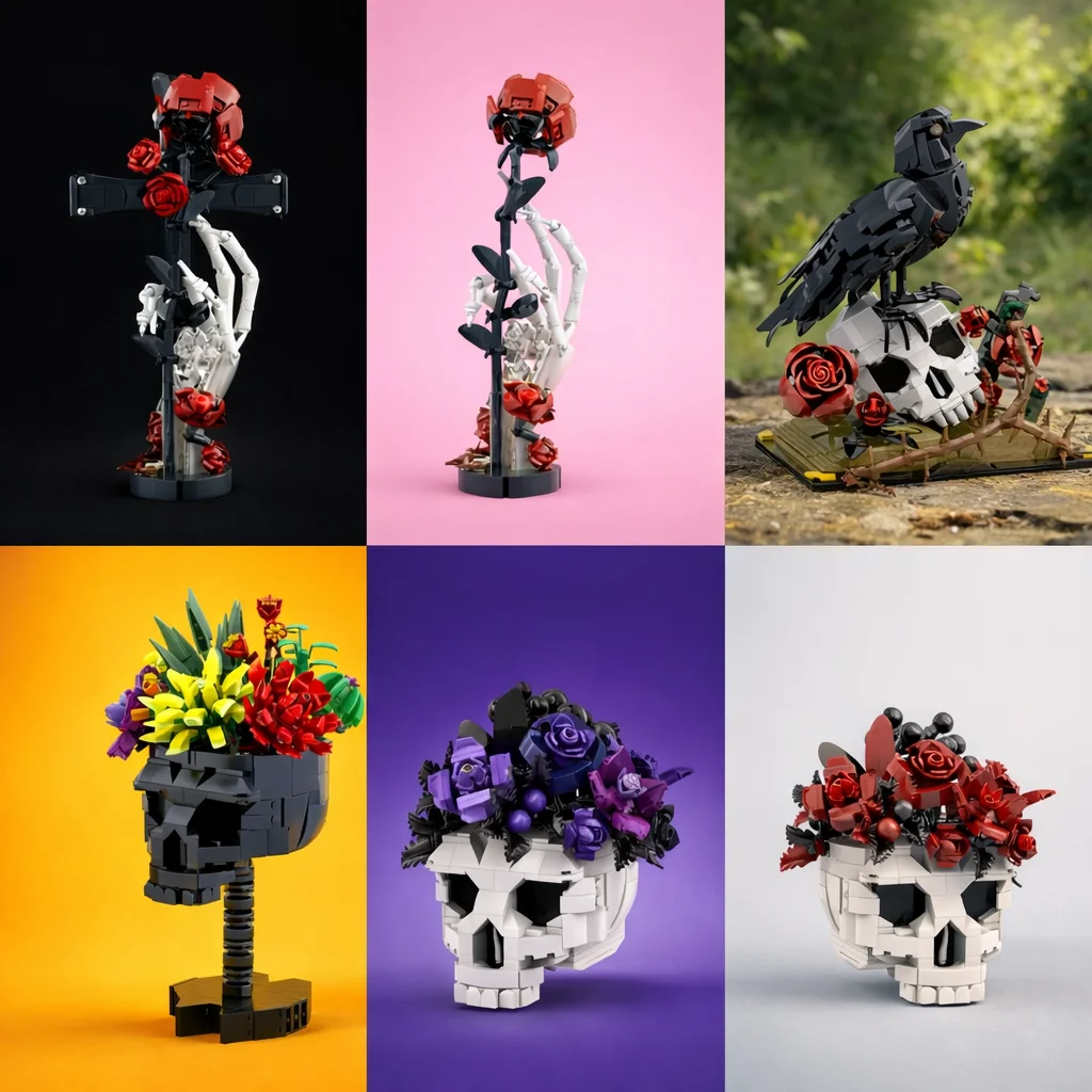 

Набор строительных блоков MOC с готическим черепом и цветком, цветочный декор стола на Хэллоуин, модель «сделай сам», креативный подарок для взрослых и детей