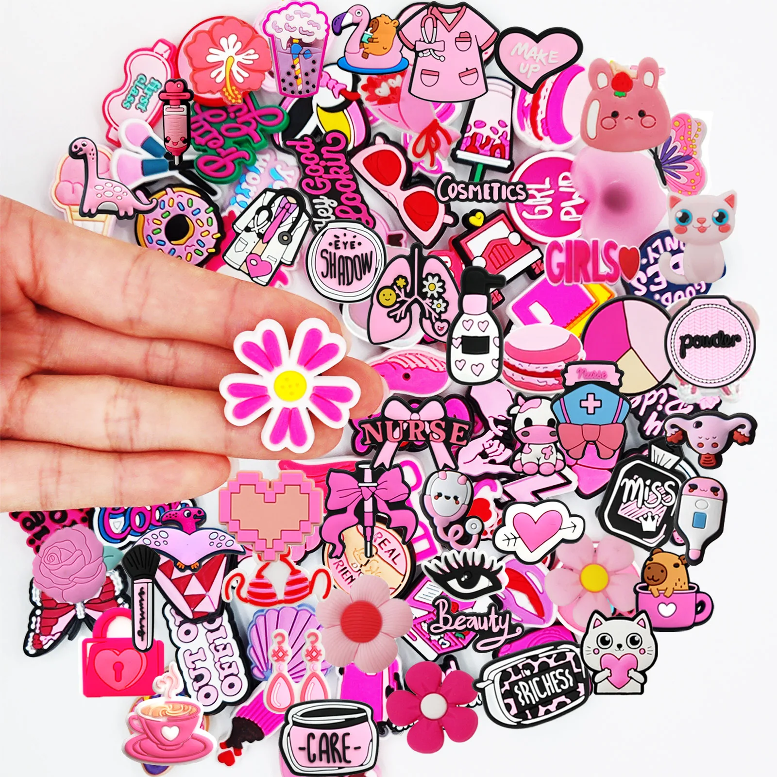 Random 10-100Pcs Pink Series Shoe Charms For Shoe Key Chain Sandals Beach Bag, PVC DIY Shoe Decorations Accessories Shoes Pins