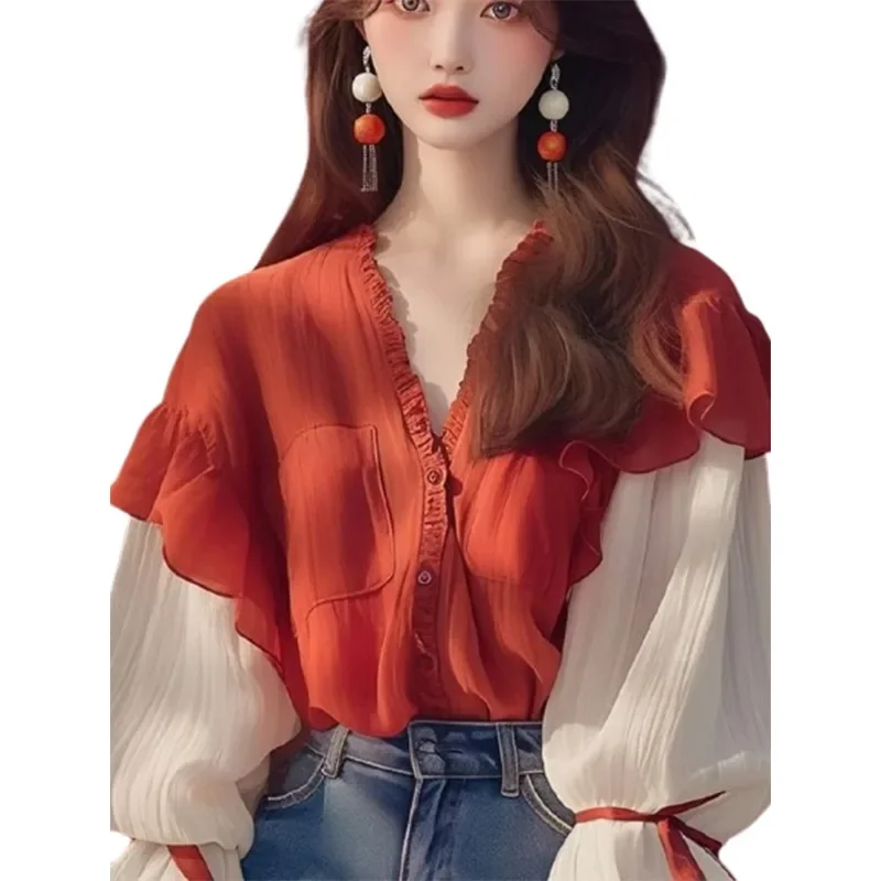 Chiffon Vintage Women\'s Shirts Spring/summer New Patchwork Women Shirts Loose Long Sleeves Tops Fashion Korean Clothing Sales