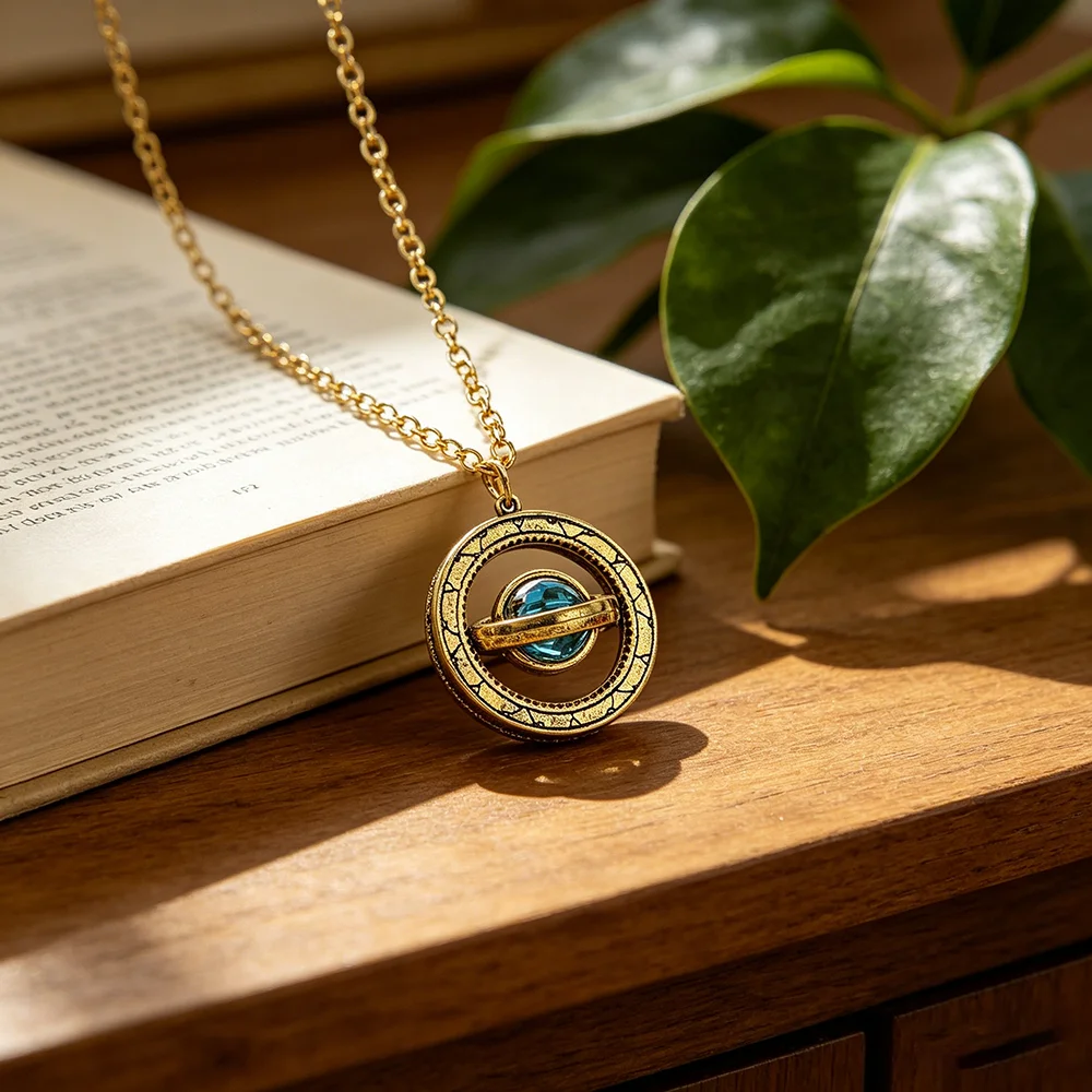 Antique Gold Vintage Spinning Planet Pendant Necklace with Blue Crystal Retro Rotating Saturn Jewelry