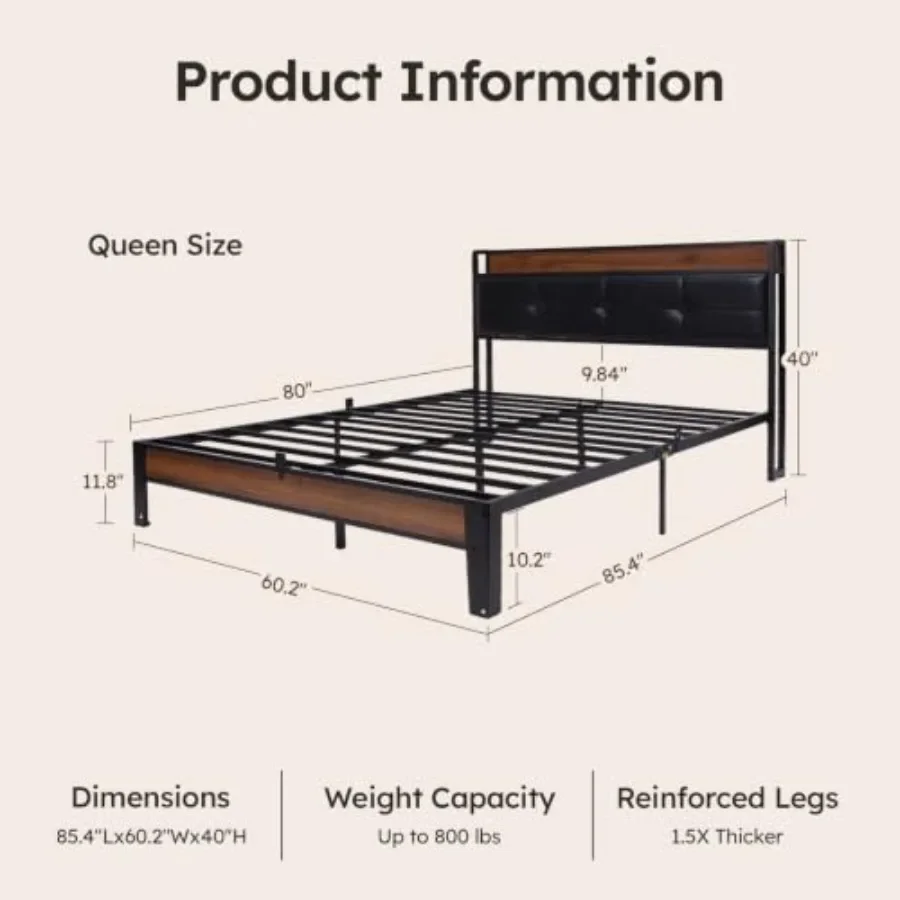 King Size Bed Frame with Wooden Storage Headboard Built-in Charging Station in Walnut Finish
