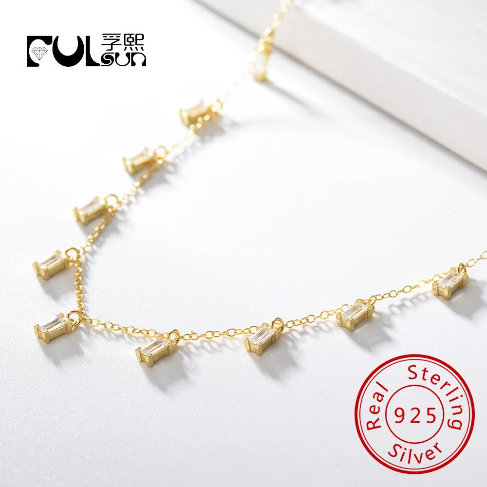 

925 Sterling Silver Gold plated Rectangle Shape Zirconia Necklace for Women jewelry