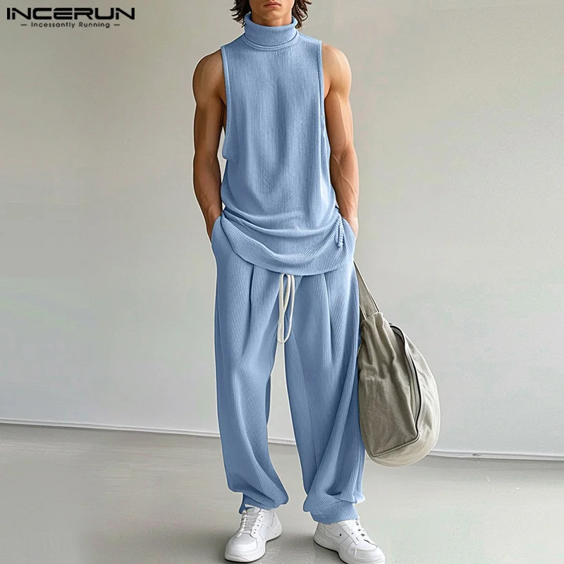 2024 Men Sets Solid Color Turtleneck Sleeveless Tank Tops & Drawstring Pants 2PCS Streetwear Fashion Men\'s Casual Suits INCERUN