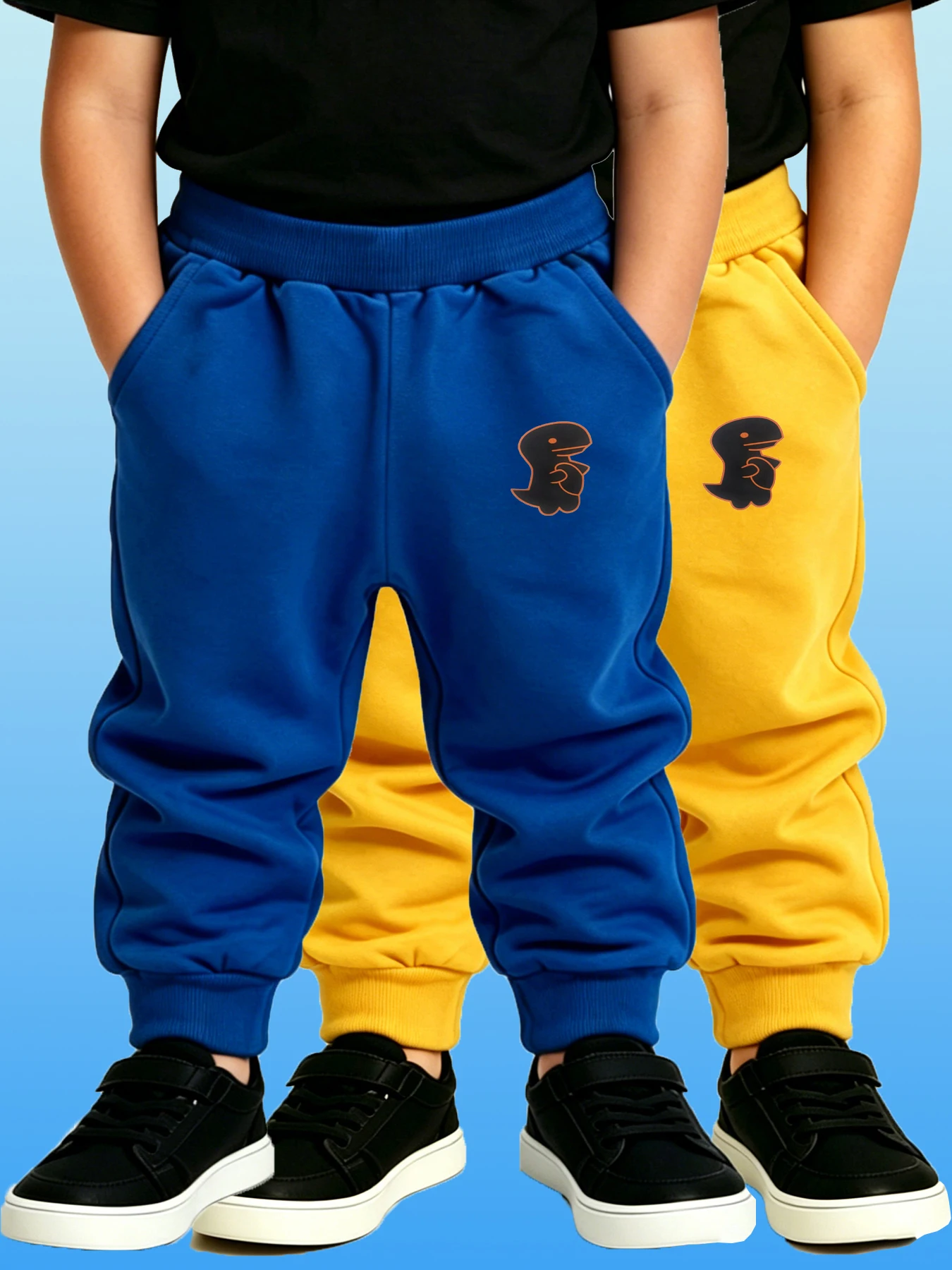 2PCS Blue & Yellow New Kids Soft Skin - Friendly Pants Boys Girls Dinosaur Print Cuffed Sweatpants Spring Casual Long Trousers
