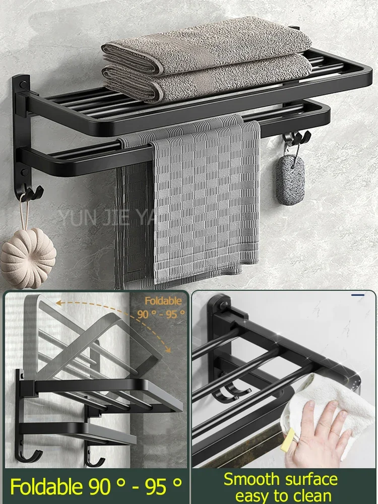 Black Foldable No-Drill Space Aluminum Towel Rack Bathroom Towel Holder Wall Mounted Storage Shelf for Bathroom Toilet
