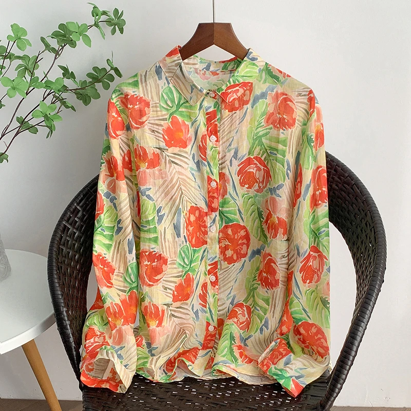 

Loose Fit Long Sleeve Cotton Linen Shirt Women's Printed Retro Art Style Autumn New Arrival Mommy's Shirt Skin Friendly Breat...