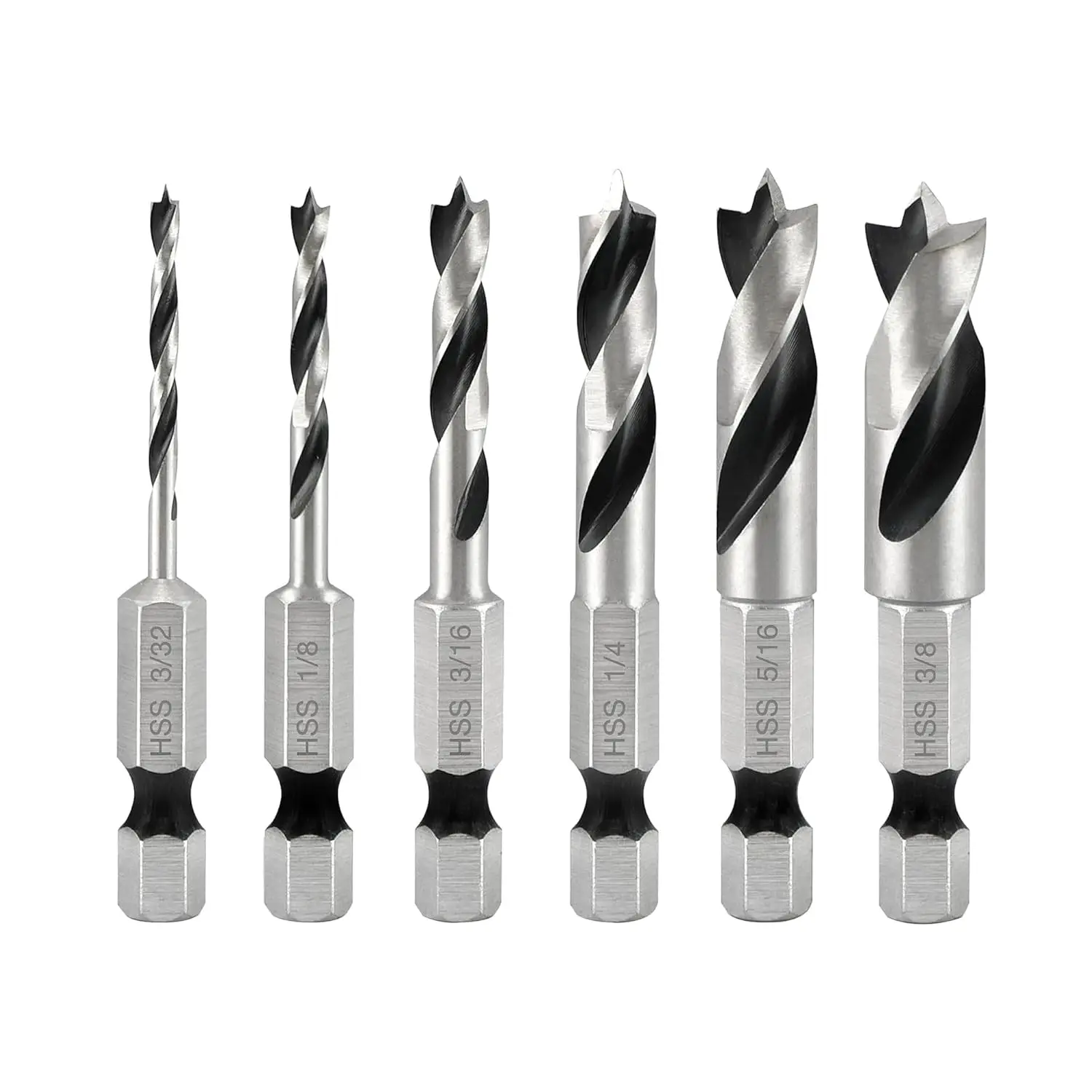 6Pcs Brad Point Wood Drill Bit Set for Carpenter Woodworking, Short Drill Bits Set HSS Steel with 1/4