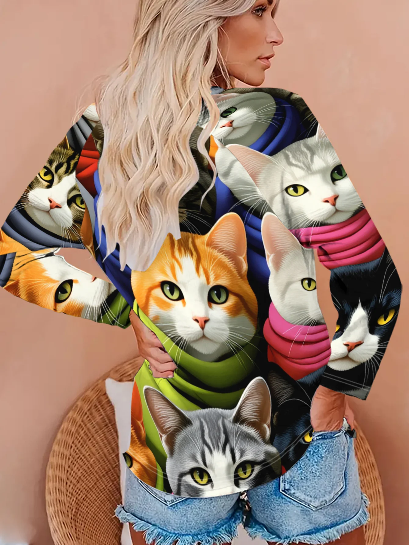 Women Round Neck Long Sleeve T‑shirt Cute Multi Cats With Scarf Collage Print Holiday Top Casual Daily Autumn Women's Clothes