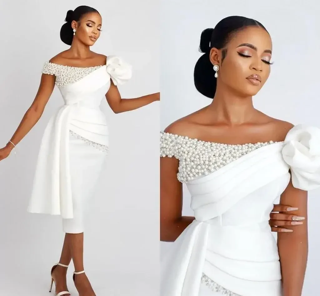 Customized  Off the  Shoulder Shinny Pearls  Wedding Dresses Short Robe De Mariee Luxe  Satin Pleated  Bridal Gown